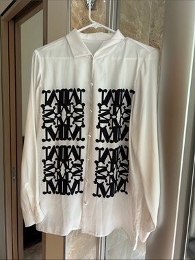White Button-Down Shirt with Black Graphic Panels